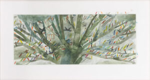 A tree filled with birds, one of Laura Carlin's illustrations from The Promise by Nicola Davies.