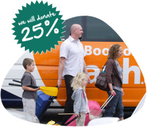 A family leaves their car at an APH carpark before going on holiday, with the words 'We will donate 25%' superimposed over the image.