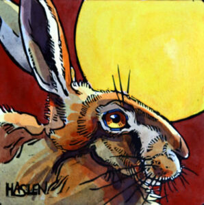Painting of a hare in moonlight.