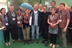WLT staff with Nick Baker and Mark Carwardine at the WLT Birdfair stand