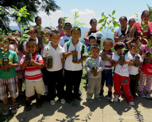 Local school children planting trees and learning about reforestation