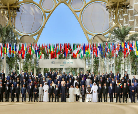 DECEMBER 1: World Heads of States pose for a group photo at Al Wasl during the UN Climate Change
