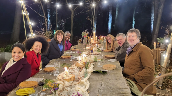 Members of the World Land Trust team with Ray Mears at the Nomadic wilderness dining experience.