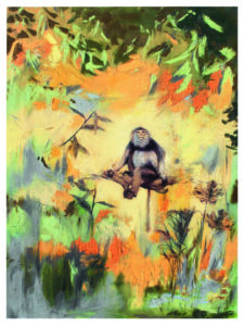 A painting called Mango by Sky Siouki depicting a monkey sitting on a branch in a forest of greens, oranges, and yellows.