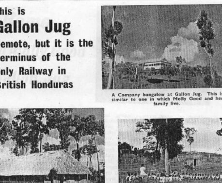 A newspaper clipping showing Gallon Jug in the 1940s, a timber camp that is now a private reserve, eco-lodge and organic food producer that borders Programme for Belize’s (PfB) Rio Bravo Conservation Management Area