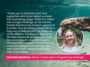 Graphic containing quote from Charlotte Beckham thanking supporters for their donations to Ecuadorian Amazon appeal.