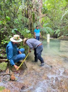 people standing in water, taking measurements of the Río Hondo riverbed.