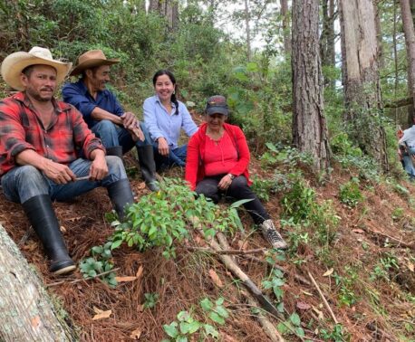 four community members sitting together on a grassy bank in the cloud forest