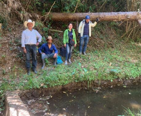 Four people standing at the side of a micro-basin in the Honduran forest.