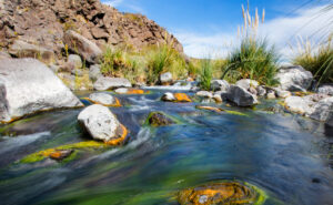 Stream running through the rocky landscape of the Somuncura Plateau.