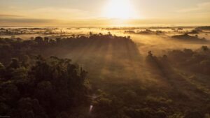 Aerial photograph of a sunrise over the El Silencio Reserve, showing its vast forests. Credit: Fundación Biodiversa Colombia (FBC)
