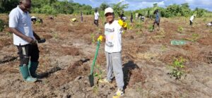 A photo of tree planting by Reforest Africa and students from the International School of Zanzibar. A student gives a thumbs-up to the camera.