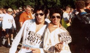 David Scott and Rachel Rowlands photographed during the Great North Run as Elvis